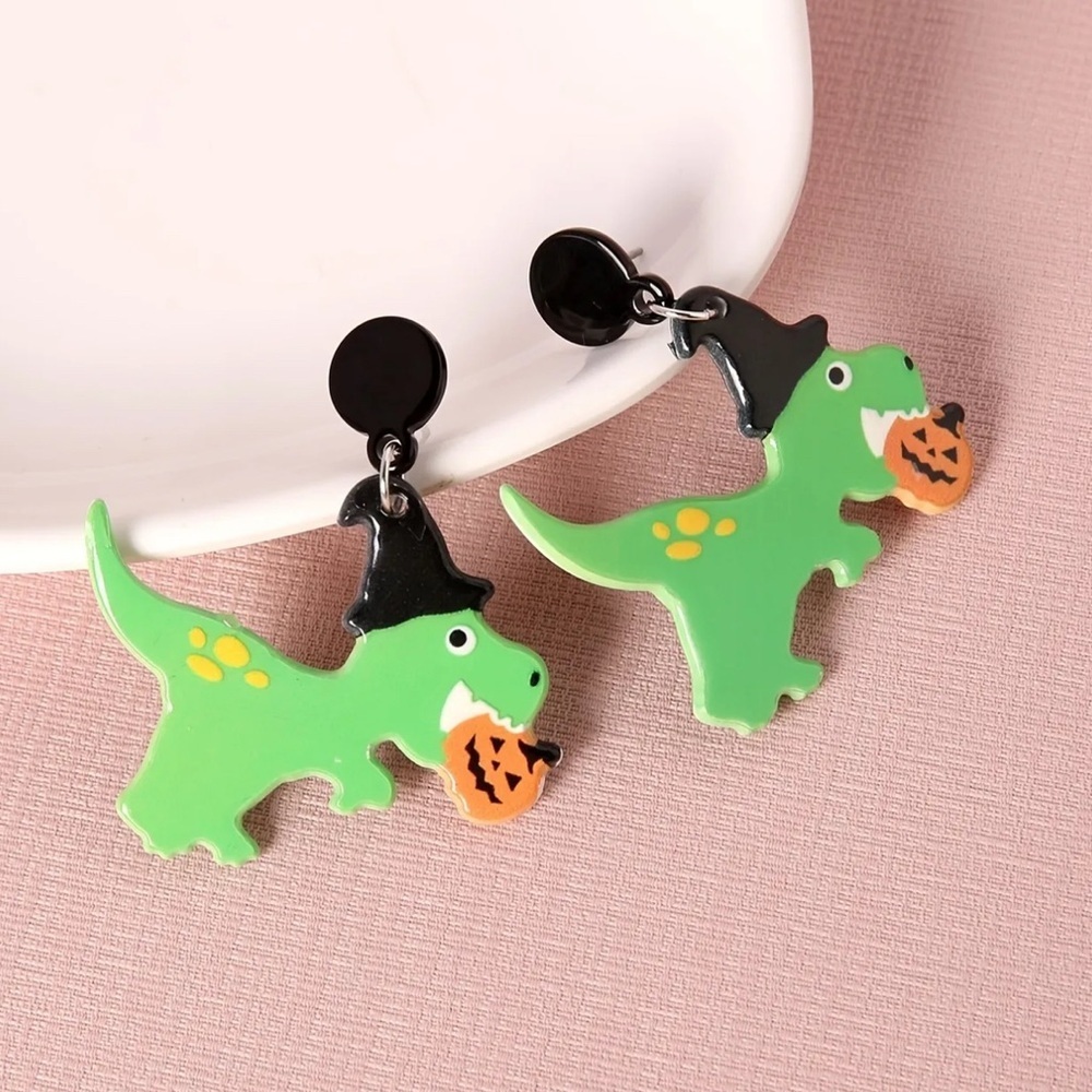 Green Dinosaur Halloween Earrings